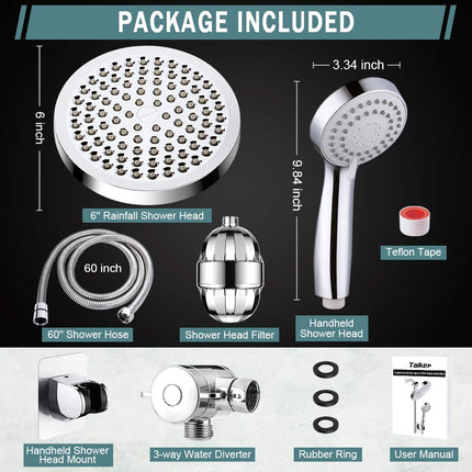 Pommeau de Douche Filtrant Taiker, Tête de Douche Pluie Haute Pression/Combo Douchette Filtrante, Luxe Moderne Chromé avec Tuyau Anti-fuite de 152 cm et Support (Argent)