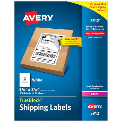Avery Shipping Address Labels, Laser Printers, 500 Labels, Half Sheet Labels, Permanent Adhesive, TrueBlock (5912) - 05912, White