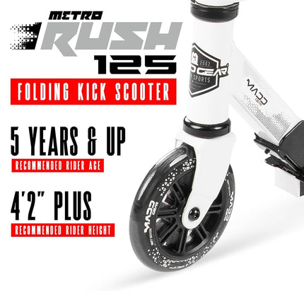 Rush 125 Kids Folding Kick Scooter – Light-Up 125mm Wheels, Adjustable Handlebar, Carbon Steel Frame – Ages 5+ – Madd Gear (White/Blue)