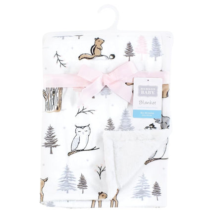 Hudson Baby Unisex Baby Plush Blanket with Furry Binding and Back, Winter Forest, One Size