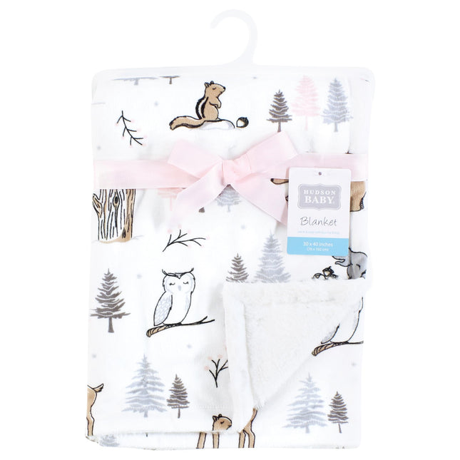 Hudson Baby Unisex Baby Plush Blanket with Furry Binding and Back, Winter Forest, One Size