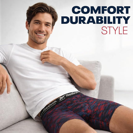 Reebok Mens Boxer Briefs - 4 Pack 6'' Inseam Stretch Performance Underwear Quick Dry Moisture Wicking Boxers, Black/Surf the Web/Black/Blackened Pearl, X-Large