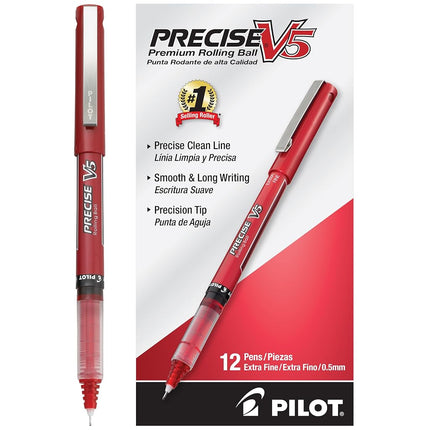 Pilot Precise V5 Roller Ball Stick Pen, Precision Point, Ink, 5mm, Pack of 12, Red (35336)