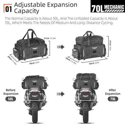 Rhinowalk - 70L MOLLE MOLLE System Sissy Bar Sissy Bar Sissy Waterproof Motorcycle Rear Bag - Black