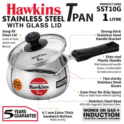 Hawkins Futura Steel Tea Pan with Glass Lid, 1.0 Litre Capactiy