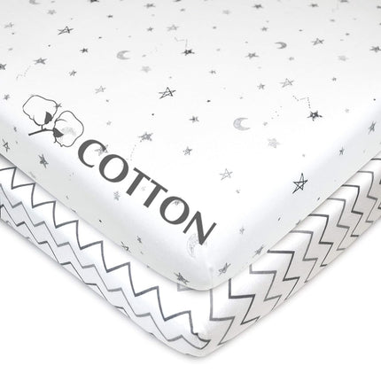 American Baby Company 2 Pack Printed 100% Natural Cotton Jersey Knit Fitted Pack N Play Playard Sheet, Grey Stars and Zigzag, Soft Breathable, for Boys and Girls