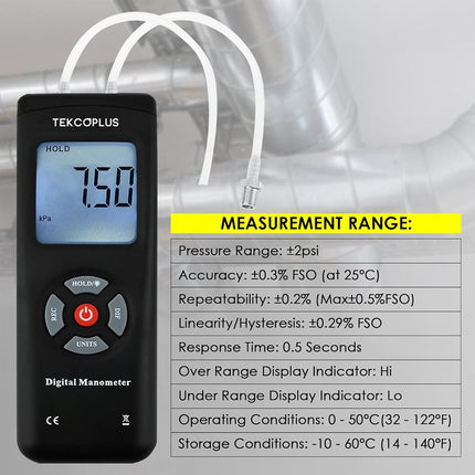 Portable Handheld Digital Manometer HVAC Air Vacuum/Gas Differential Pressure Gauge Meter Tester 11 Units with Backlight, 13.78kPa 2PSI, 1-2 Pipes Ventilation Air Condition System Measurement