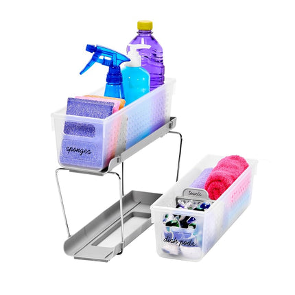 madesmart Mini 2-Tier Organizer, Multi-Purpose Slide-Out Storage with Handles and Dividers for Home and Bath, Frost