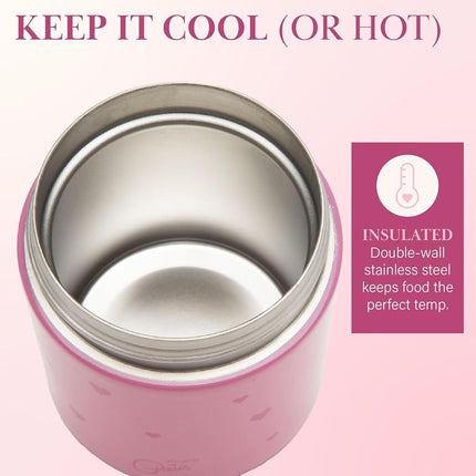 Paris Hilton Stainless Steel Food Jar, Double Wall Vacuum Sealed Insulated Food Storage Container with Carry Handle Lid, 12-Ounce, Pink with Heart Design