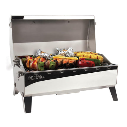 Kuuma "Kuuma Premium Stainless Steel Mountable Charcoal Grill w/Inner Lid Liner by Camco -Compact Portable Size Perfect for Boats, Tailgating and More - Stow N Go 160"" (58110)", silver