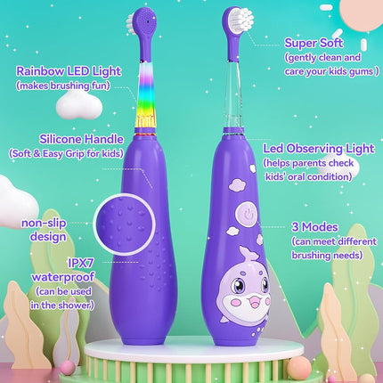SEAGO Kids Electric Toothbrushes Rechargeable for Toddler with Magnetic Charging, LED Observing Light, 8 Toothbrush Heads for Ages 2-4-6 Boys Girls (Purple)