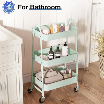 OLIXIS 3 Tier Utility Rolling Cart with Lockable Casters, Mobile Metal Storage Shelf, Organization for Living Room, Bathroom and Narrow Places, Pale Green