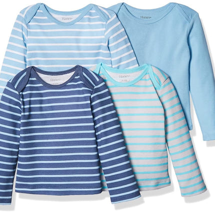 Hanes Kids T-shirt de corps à manches longues pour bébé, en tricot souple à épaules extensibles, lot de 4, rayures bleues, 0-6 mois