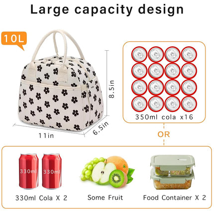 Carry Bloom Lunch Box for Women, Insulated Lunch Bag Cute Corduroy Lunchbag Reusable Lunchbox for Work (Flower Black)