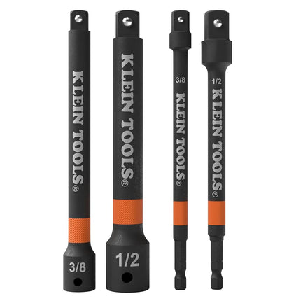 Klein Tools 65038A Impact Socket Extension Set 4-Piece, 6-Inch Extension Bars, Knurled Grip, High-Visibility, Two 3/8-Inch and Two 1/2-Inch Square Drives
