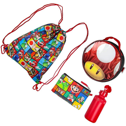 Bioworld Super Mario Backpack with Detachable Mushroom Lunch Tote 16 Inch 5 Piece Set