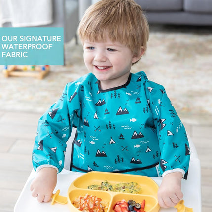 Bumkins Sleeved Bib, Handy Tie Closure for Custom Fit, Catch-All Pocket, Baby-Led Weaning, Waterproof, Machine Washable, Stain & Odour Resistant, BPA Free, 6-24 Months, Outdoor Design