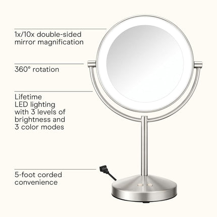 Conair Lighted Makeup Mirror, Double-Sided LED Vanity Mirror with 1X/10X Magnification, 3 Light Settings, 3 Modes, 360� Rotation, Satin Nickel Finish
