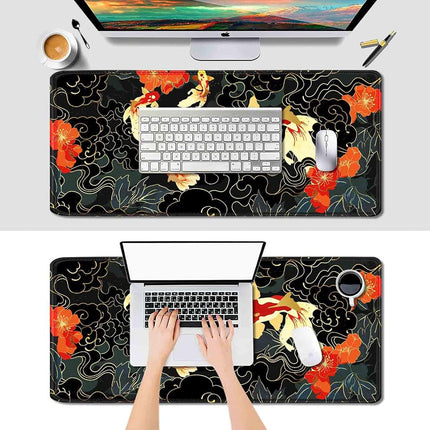 IMAYONDIA Japanese Koi Desk Mat (35.4x15.7 in), Extended Large Gaming Mouse Pad, Long Desk Pad with Stitched Edge, Black Gold Mouse Mat Desk Pad Office Accessories Decor Gift