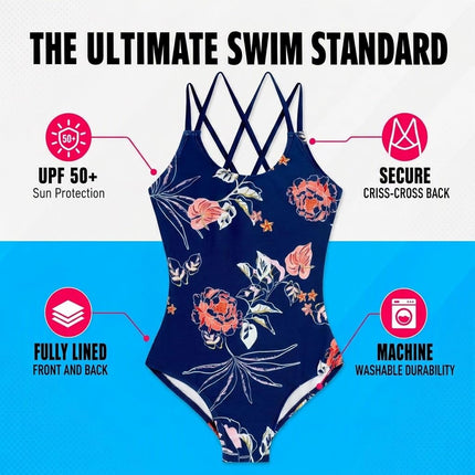 Kanu Surf Girls UPF 50+ Beach Sport Criss-Cross One Piece Swimsuit, Reese Navy, 12