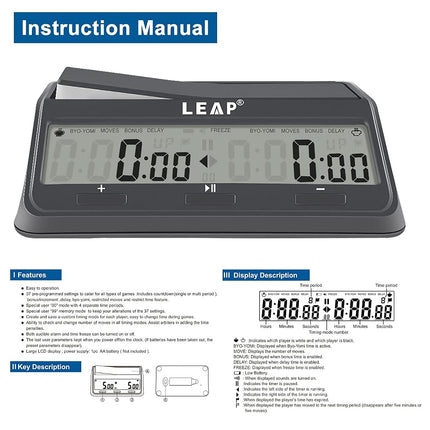 LEAP Chess Clock 9921 Updated Programme Byo-yomi Delay Bonus with Large Screen