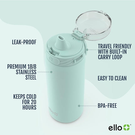 Bouteille d'eau en acier inoxydable Ello Cooper 530 ml pour enfants avec paille et anse, double paroi et isolation sous vide en métal, couvercle antifuite avec bec en silicone souple, réutilisable, sans BPA, couleur Yucca