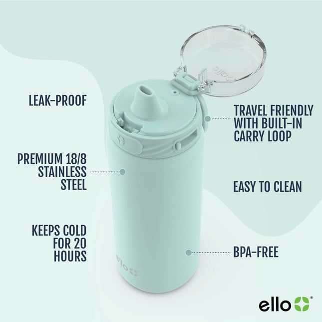 Ello Cooper Botella de agua de acero inoxidable para niños de 18 oz con pajita y asa de transporte, doble pared y metal con aislamiento al vacío, tapa hermética con cierre a prueba de fugas y boquilla de silicona suave, reutilizable, sin BPA, Yucca
