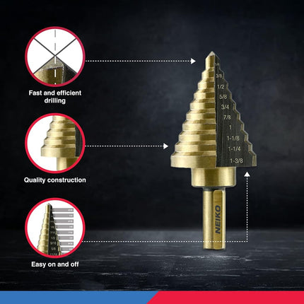 NEIKO 10169A Step Drill Bit Set and Automatic Center Punch | 5 Piece, 41 SAE Sizes Total, 1/8” – 1-3/8” | Titanium High Speed Steel Unibit, Stepper Cone Drill Bit | Two Flute Step Down Bits