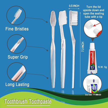 HQSLsund 60 Pack Disposable Toothbrush Kit with Toothpaste, 2 Colors