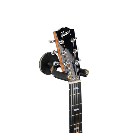 Soporte para guitarra de acero forjado Levy's Leathers; metal de latón con envolturas de piel de curtido vegetal negra (LVY-FGHNGR-BRBK)
