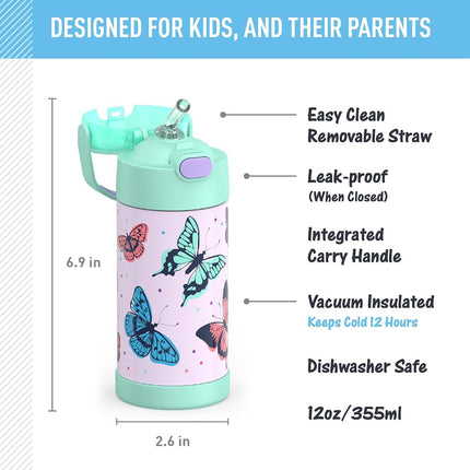 Thermos FUNTAINER Water Bottle with Straw - 12 Ounce - Kids Stainless Steel Vacuum Insulated Water Bottle with Lid, Butterfly Frenzy
