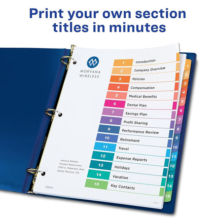 Avery 15 Tab Dividers for 3 Ring Binders, Customizable Table of Contents, Multicolor Tabs, 6 Sets (11197)