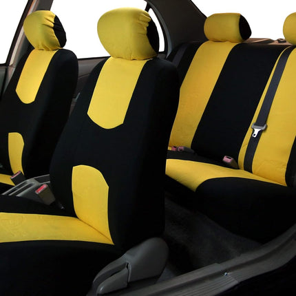 FH GROUP FH-FB050115 + F14407 Full Set Flat Cloth Car Seat Covers with Premium Carpet Floor Mats, Yellow / Black- Fit Most Car, Truck, Suv, or Van