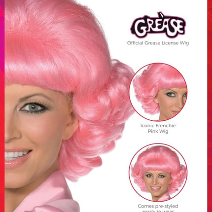 Smiffys Grease Frenchy Wig in Pink for Adults, Short and Curly, Officially Licensed, Iconic Frenchy Pink Wig Pre-Styled and Ready to Wear, Ideal for Group Outfits and Matching Fancy Dress