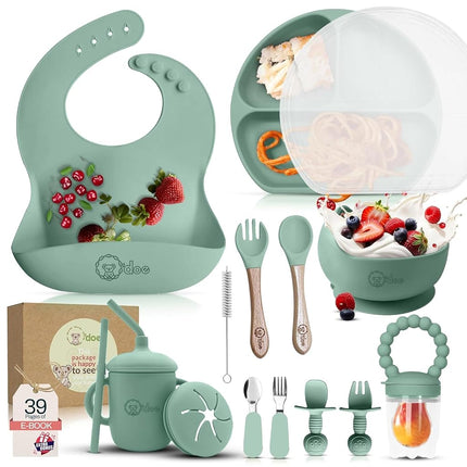 Juego de alimentación de silicona sin BPA de 17 piezas O'doe para bebé | Platos de succión gruesos y suaves, cuencos para bebé, tenedor y cuchara de madera, y más (Verde, V2: Paquete Nurture [17 piezas])