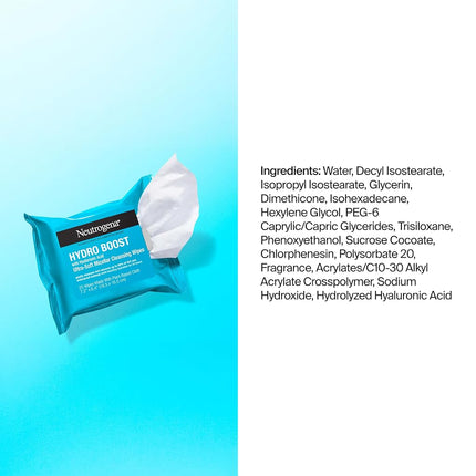 Neutrogena HydroBoost Facial Cleansing & Makeup Remover Wipes with Hyaluronic Acid, Hydrating Pre-Moistened Face Towelettes to Cleanse &Remove Dirt, Makeup & Impurities, Twin Pack, 25 ct