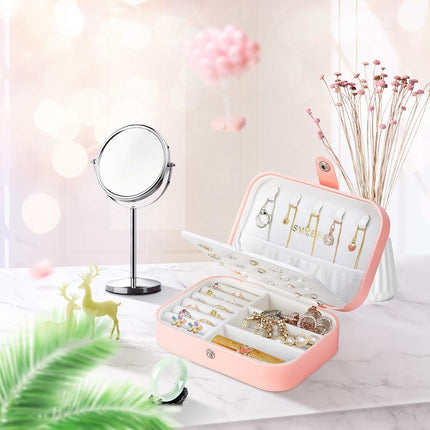Smileshe Joyero, Estuche Pequeño Portátil de Viaje de Cuero PU, Caja Organizadora de Almacenamiento de 2 Capas para Anillos, Pendientes, Collares, Pulseras