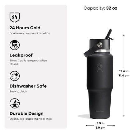 Hydro Flask Travel Water Bottle - Insulated Stainless Steel - Wide Straw Lid, Non Spill, Leakproof in 32 Oz Popstar Pink