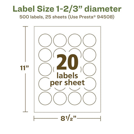 Avery EcoFriendly Matte White Recycled Round Labels, 1-2/3" Diameter, Print-to-The-Edge, Matte White Labels, Permanent Adhesive, Laser/Inkjet Printable, 500 Total