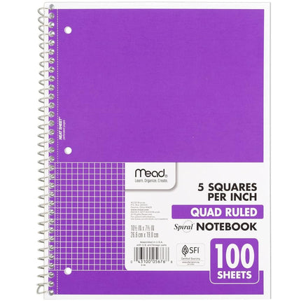 Cahier à spirale Mead, 1 matière, papier quadrillé, 19 x 26 cm, 100 feuilles, violet améthyste (05676BA7)