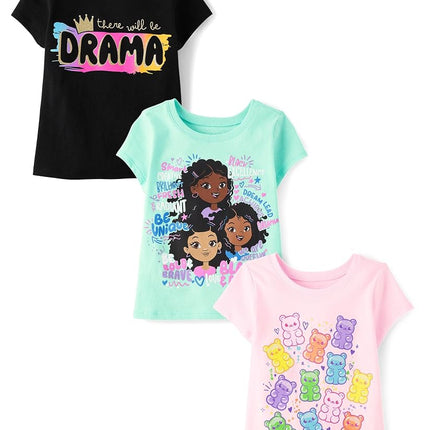 The Children's Place Lot de 2 t-shirts à manches courtes avec motif Dream Girl pour bébé fille, lot de 3 bodys motif Drama/Girl Words/Gummy Bears, 12-18 mois