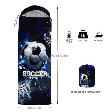 QOOMO Soccer Printed Camping Sleeping Bags,3 Season Warm & Cool Weather,Lightweight,Waterproof Sleeping Bags for Adults & Kids,Traveling,and Outdoors,Camping Gear Equipment,31x90inch