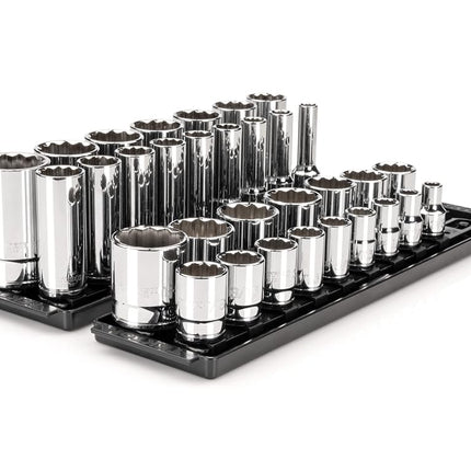 TEKTON 1/2 Inch Drive 12-Point Socket Set with Rails and Trays, 32-Piece (3/8-1-5/16 in.) | SHD92206