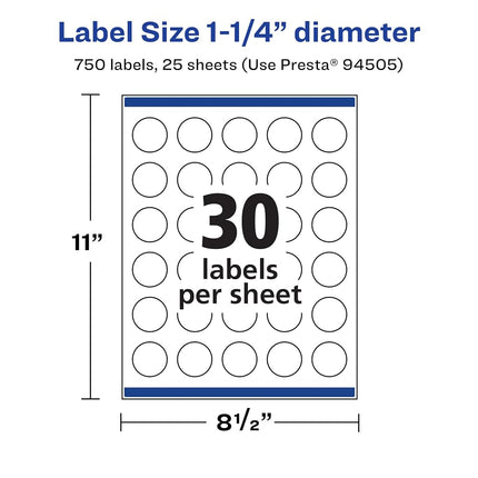 Avery Matte White Removable Round Labels with Sure Feed Technology, Print-to-The-Edge, 1.25" Diameter, 750 Removable Labels, Laser/Inkjet Printable Labels
