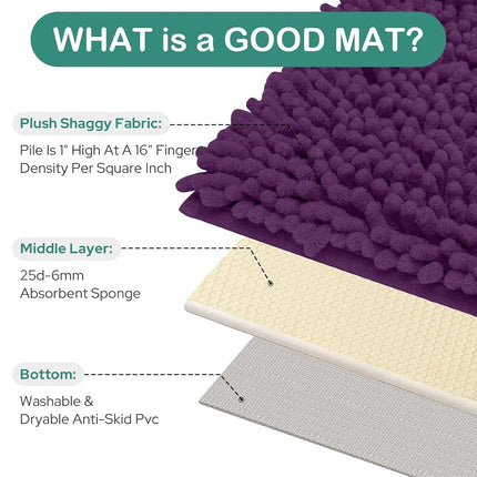 HOMEIDEAS Bathroom Rugs Set 2 Pieces, Ultra Soft Non Slip Absorbent Chenille Toilet Bath Mat Set (Purple)