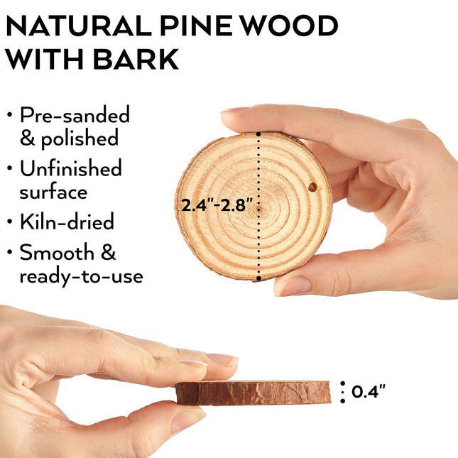 ARTEZA Natural Wood Slices, 45 Pieces, 2.4-2.8 Inch Diameter, 0.4 Inch Thickness, Round Pine Wood Discs with Bark for Crafts, Christmas Ornaments, Centerpieces & Paintings,Brown, Small