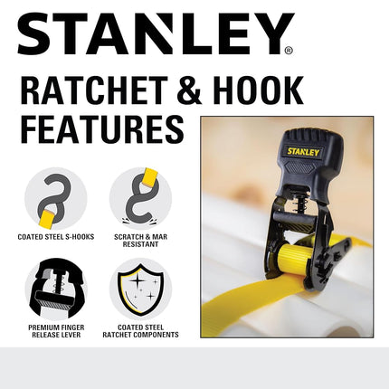 STANLEY S10004-12 Black/Yellow 1" X 12' Ratchet Straps - 500 LBS Safe Working Load / 1,500 LBS Break Strength, 4 Pack