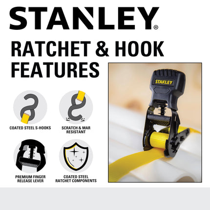 STANLEY S10004-12 Black/Yellow 1" X 12' Ratchet Straps - 500 LBS Safe Working Load / 1,500 LBS Break Strength, 4 Pack