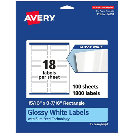 Avery Glossy White Rectangle Labels with Sure Feed, 15/16" x 3-7/16", 1,800 Glossy White Labels, Permanent Label Adhesive, Laser/Inkjet Printable Labels