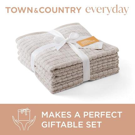 TOWN & COUNTRY EVERYDAY 4-Piece Textured Windowpane Hand Towel Set, 20x30-Inch, 100% Cotton, Plush & Absorbent 550GSM, Beige